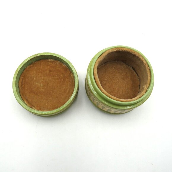 Vintage Trinket Box Green Decoupaged Yellow Rose Gold Detailing Velvet Lined - Picture 4 of 8